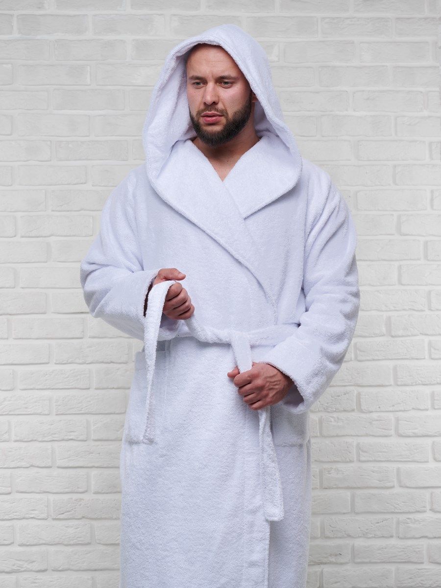 снимок Халат мужской махровый PandaHug с капюшоном, белый от магазина BIO-TEXTILES ОПТ