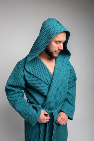 Халат вафельный PandaHug Оrlando малахит с капюшоном